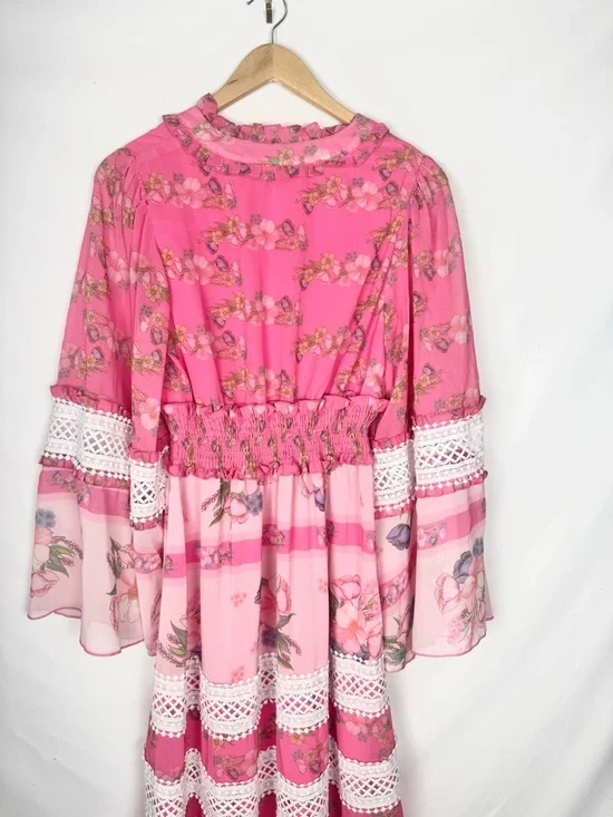 Whimsical Faeriesty Pink Floral Boho Style Maxi Dress with Lace Trim Size M - Picture 7 of 9